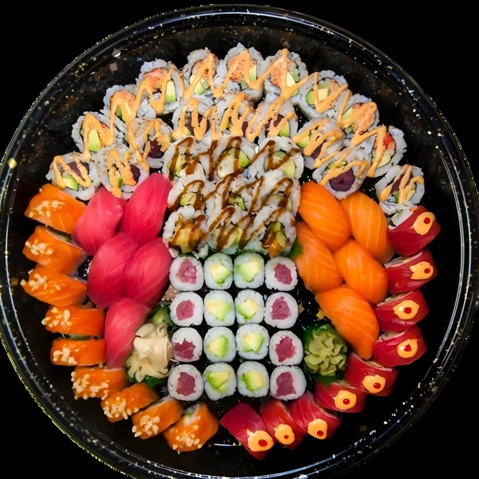 A large platter of Saisaki Van Wert sushi rolls, nigiri, and sashimi, with ginger and wasabi.